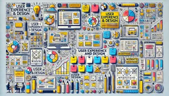 Illustrated user experience and design concepts with charts and diagrams.